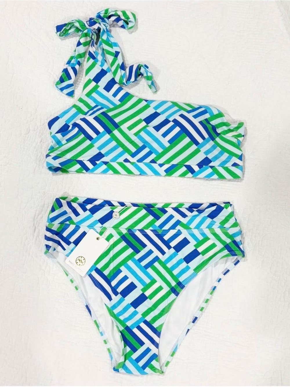 Women’s One-Shoulder Geometric Print Bikini in Blue & Green